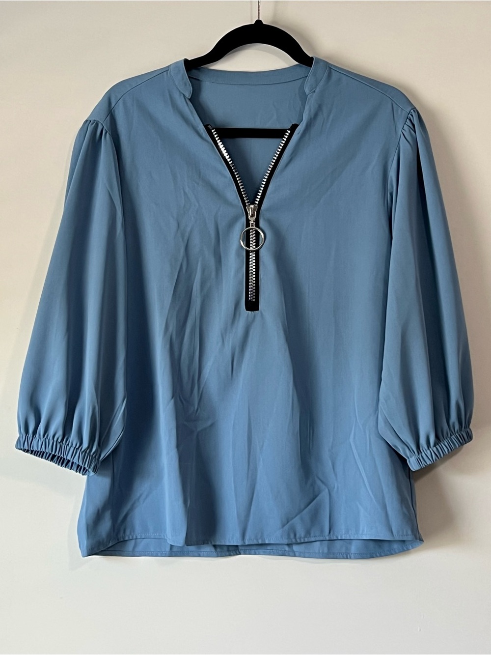 Women's Blue Half-Zip Blouse with Ring Pull